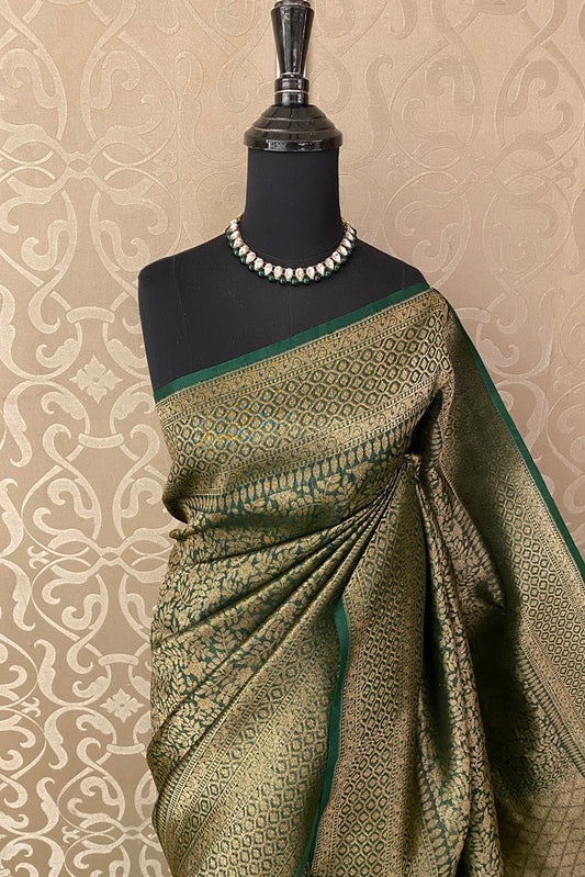Forest Green Brocade Kora Banarasi Silk Saree, With Unstiched Blouse