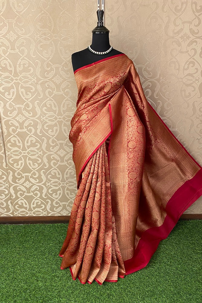 Red Brocade Kora Banarasi Silk Saree, With Unstiched Blouse