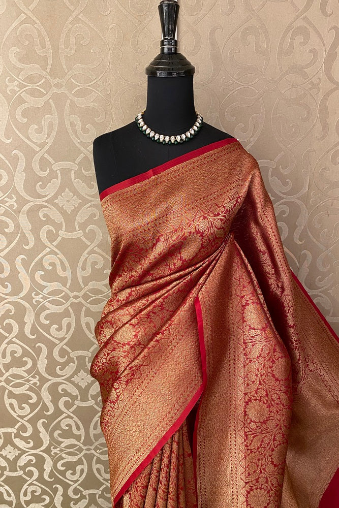 Red Brocade Kora Banarasi Silk Saree, With Unstiched Blouse