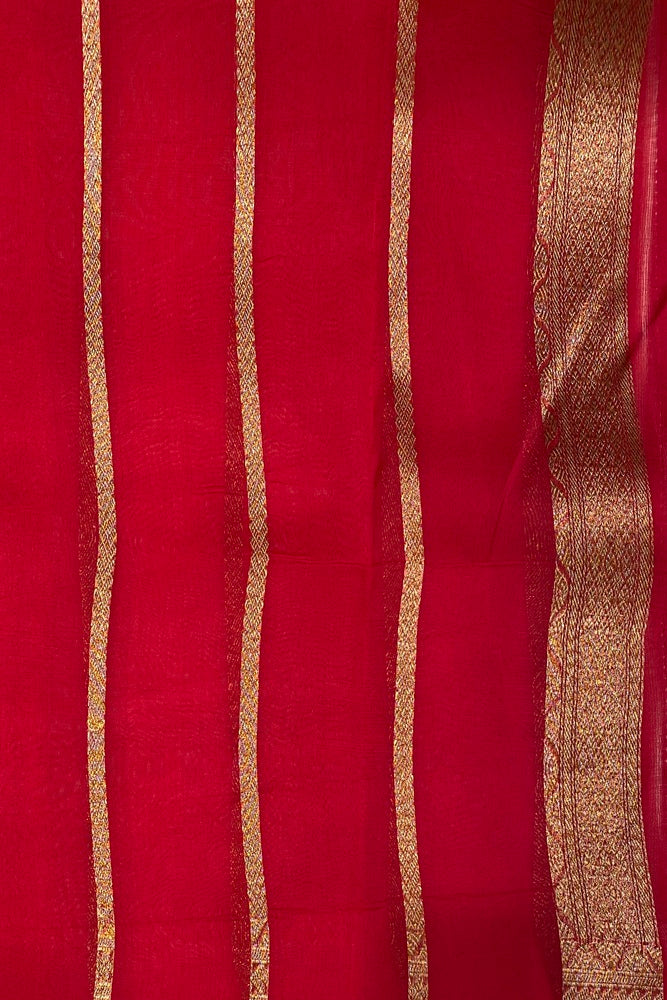 Red Brocade Kora Banarasi Silk Saree, With Unstiched Blouse