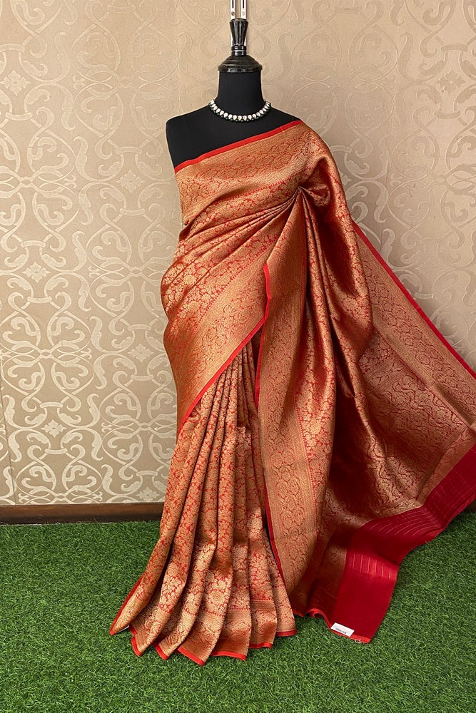 Rust Red Brocade Kora Banarasi Silk Saree, With Unstiched Blouse