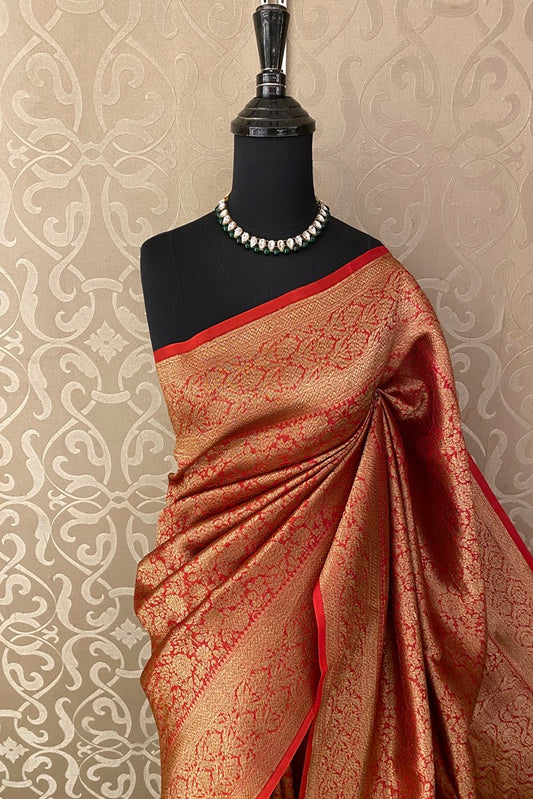 Rust Red Brocade Kora Banarasi Silk Saree, With Unstiched Blouse