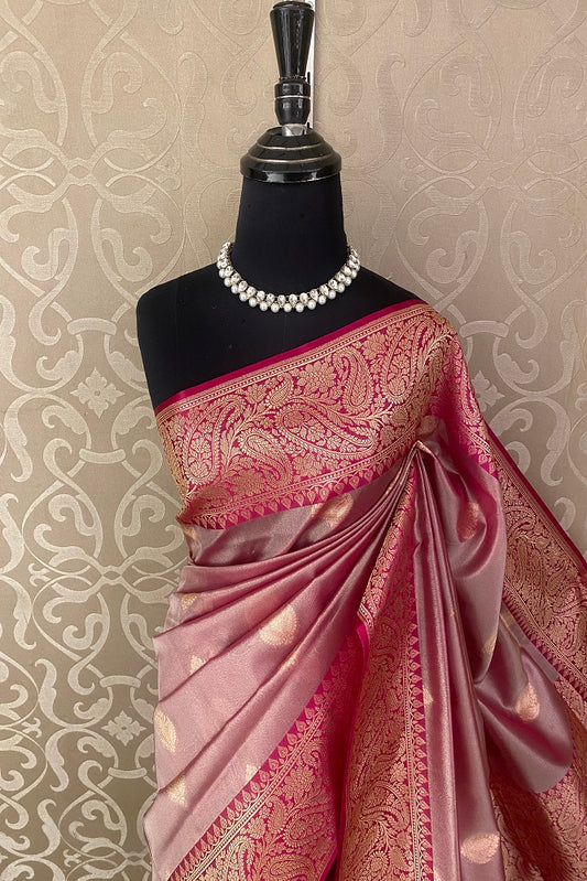 Onion Pink Tissue Banarasi  Silk Saree With Blouse Piece