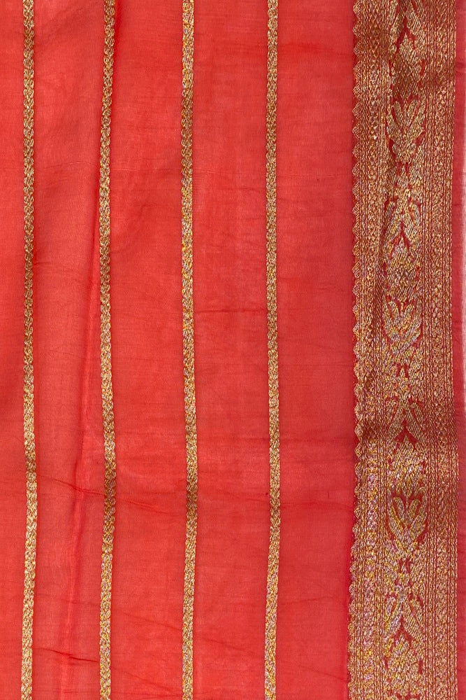 Rust Red Brocade Kora Banarasi Silk Saree, With Unstiched Blouse