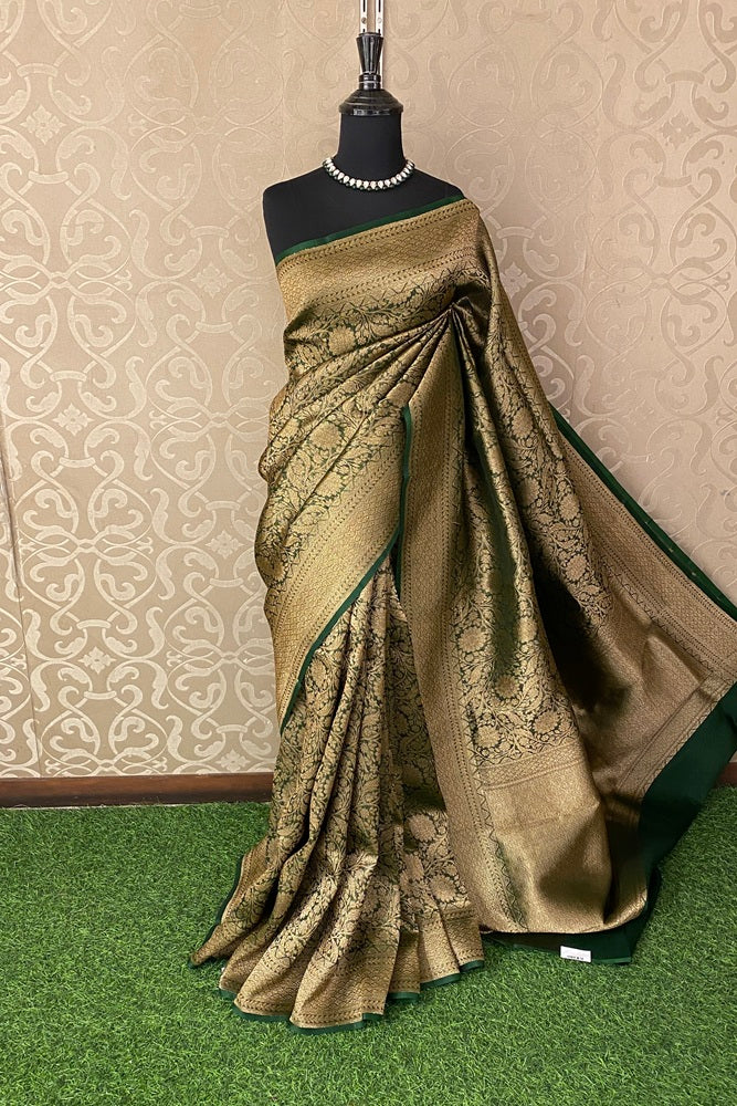Deep Green Brocade Kora Banarasi Silk Saree, With Unstiched Blouse