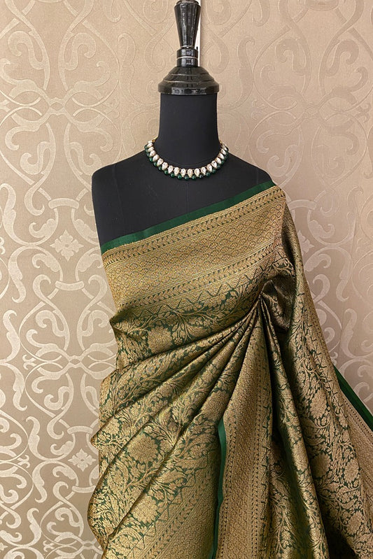 Deep Green Brocade Kora Banarasi Silk Saree, With Unstiched Blouse