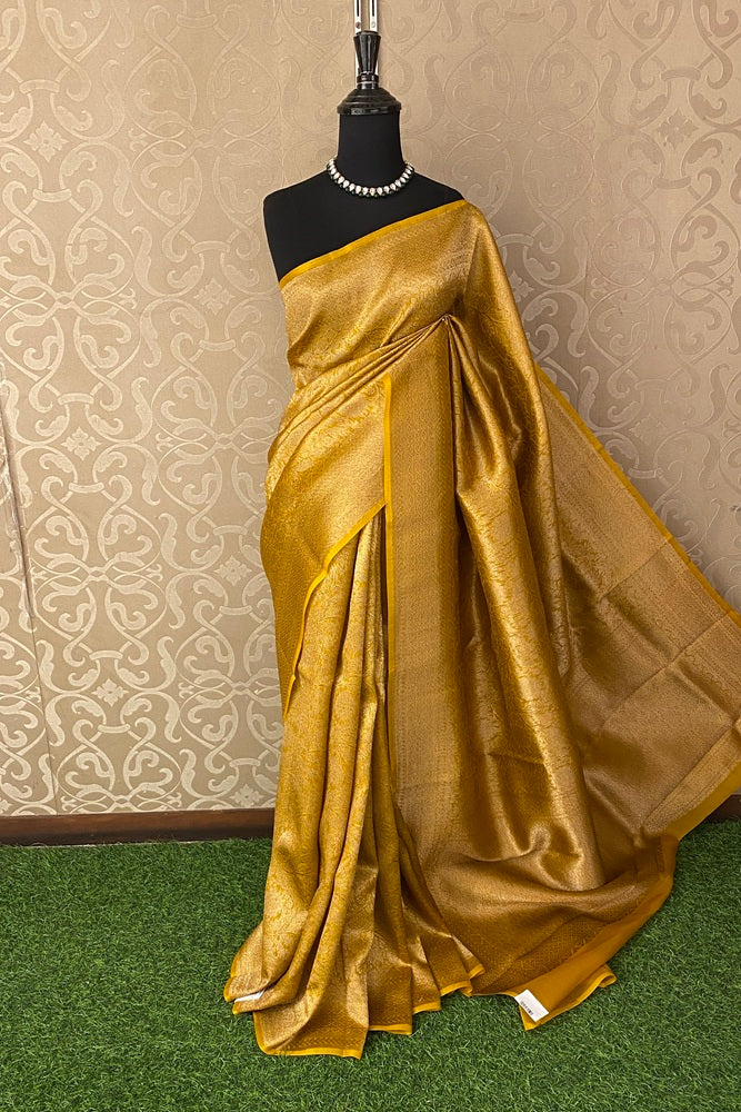 Mustard Yellow Brocade Kora Banarasi Silk Saree, With Unstiched Blouse
