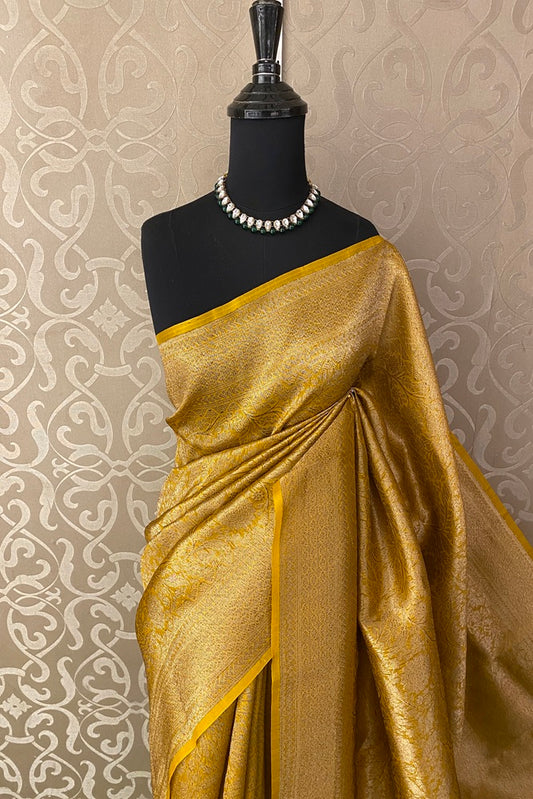 Mustard Yellow Brocade Kora Banarasi Silk Saree, With Unstiched Blouse