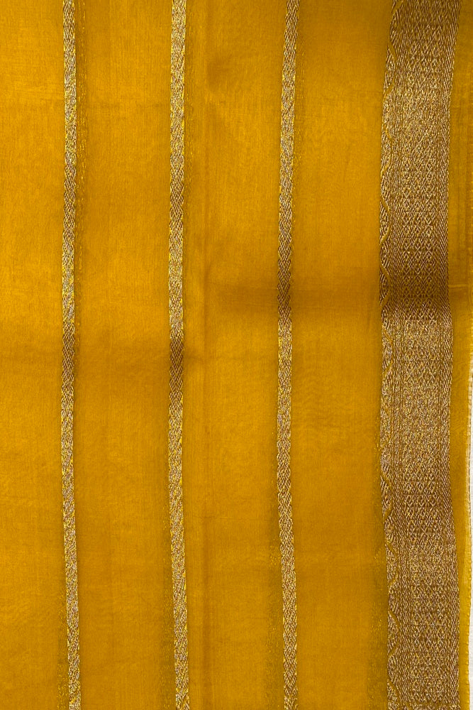 Mustard Yellow Brocade Kora Banarasi Silk Saree, With Unstiched Blouse