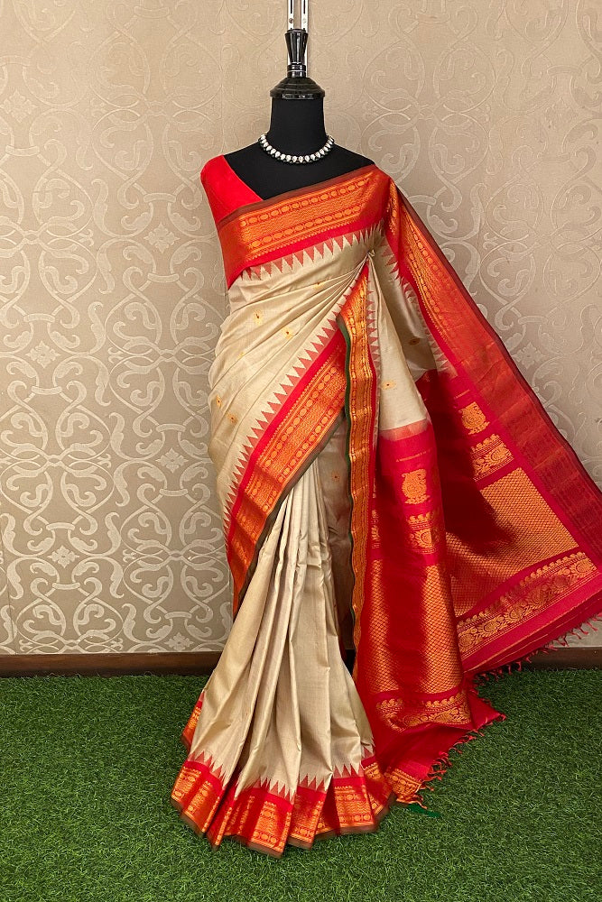 Beige Gadwal Silk Saree With Unstiched Contrast Blouse