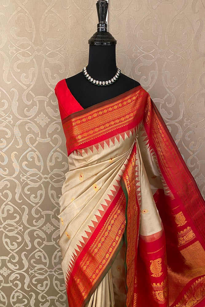 Beige Gadwal Silk Saree With Unstiched Contrast Blouse