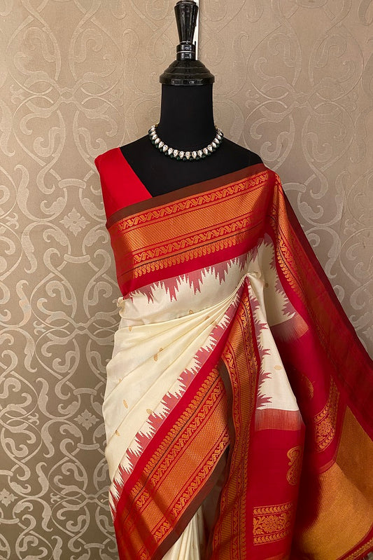 Offwhite Gadwal Silk Saree With Unstiched Contrast Blouse