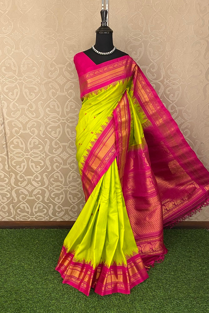 Lime Green Gadwal Silk Saree With Unstiched Contrast Blouse