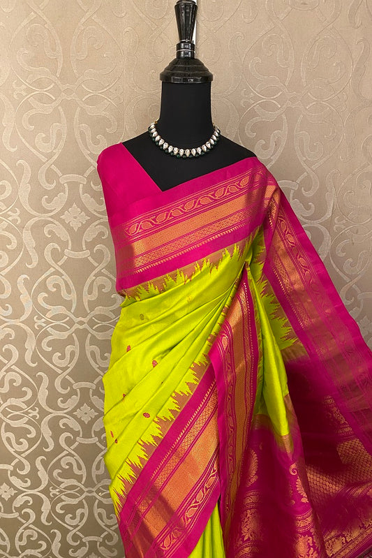 Lime Green Gadwal Silk Saree With Unstiched Contrast Blouse