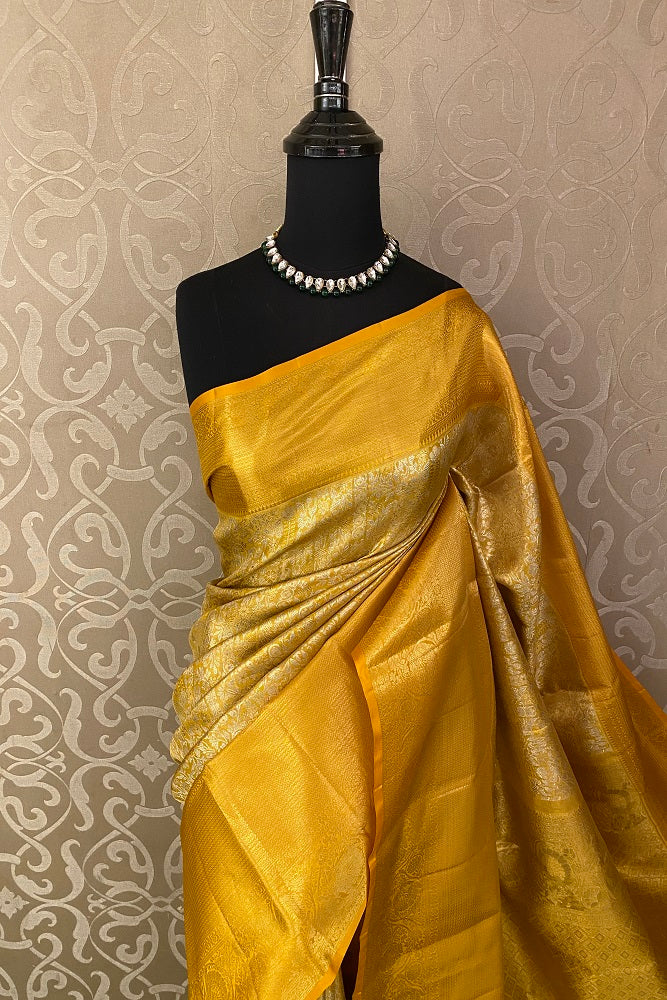 Golden Mustard Yellow Tissue Kanjeevaram Silk Saree, With Unstiched Blouse