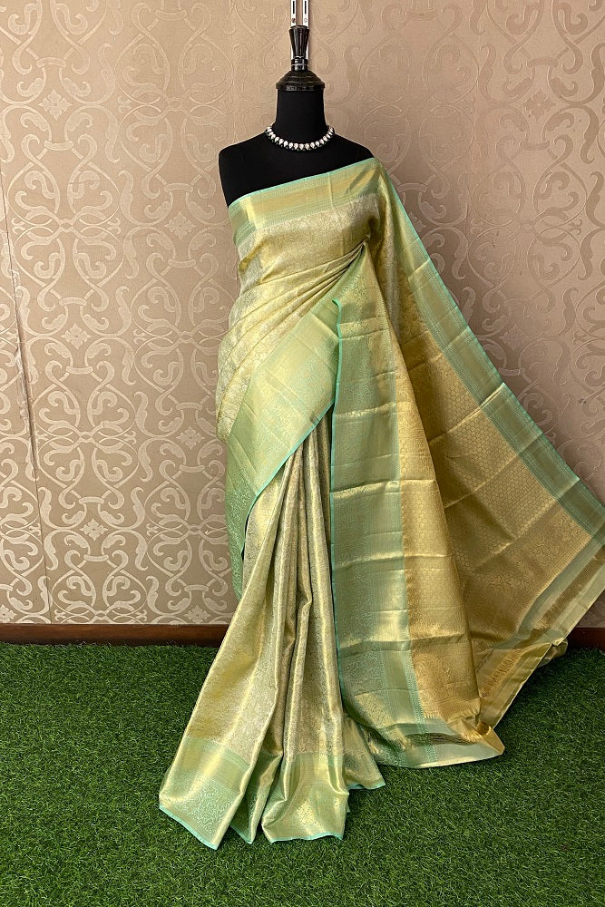 Greenish Gold Tissue Kanjeevaram Silk Saree, With Unstiched Blouse