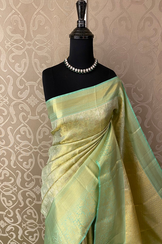 Greenish Gold Tissue Kanjeevaram Silk Saree, With Unstiched Blouse