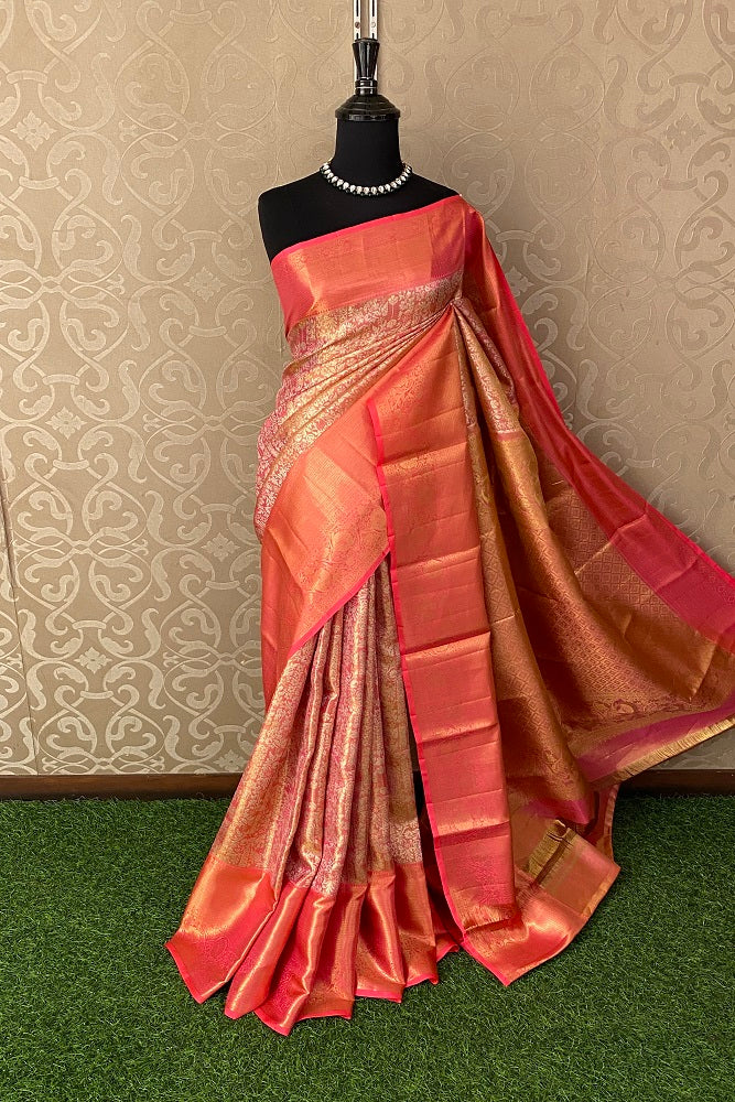 Cherry Pink Tissue Kanjeevaram Silk Saree, With Unstiched Blouse