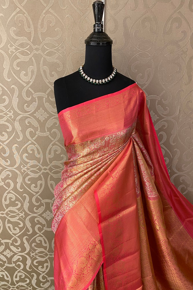 Cherry Pink Tissue Kanjeevaram Silk Saree, With Unstiched Blouse