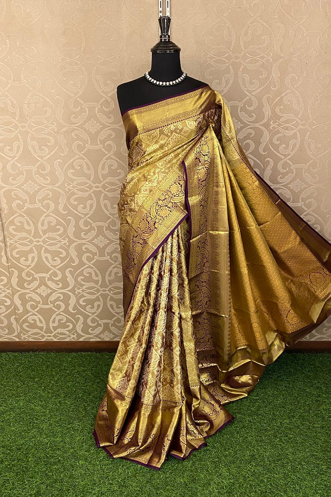 Golden Purple Tissue Kanjeevaram Silk Saree, With Unstiched Blouse