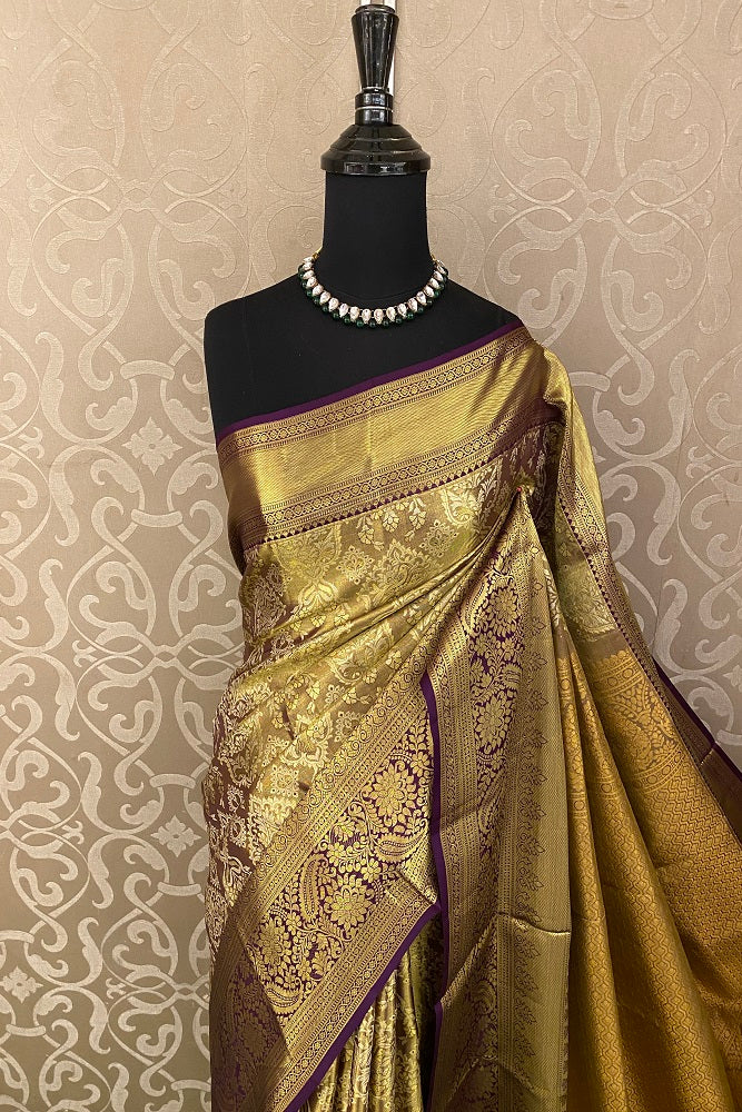 Golden Purple Tissue Kanjeevaram Silk Saree, With Unstiched Blouse