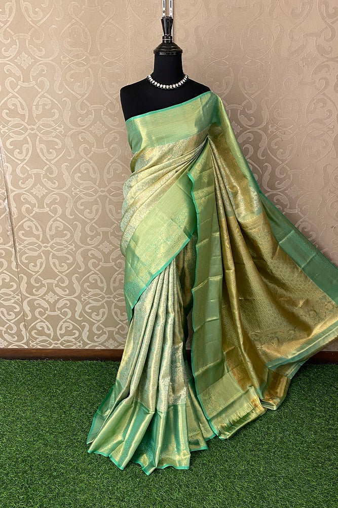 Sea Green Tissue Kanjeevaram Silk Saree, With Unstiched Blouse