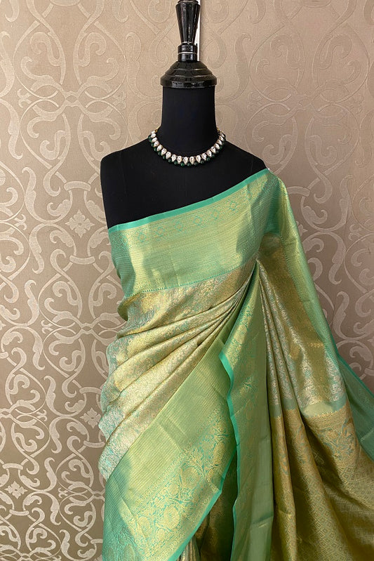 Sea Green Tissue Kanjeevaram Silk Saree, With Unstiched Blouse