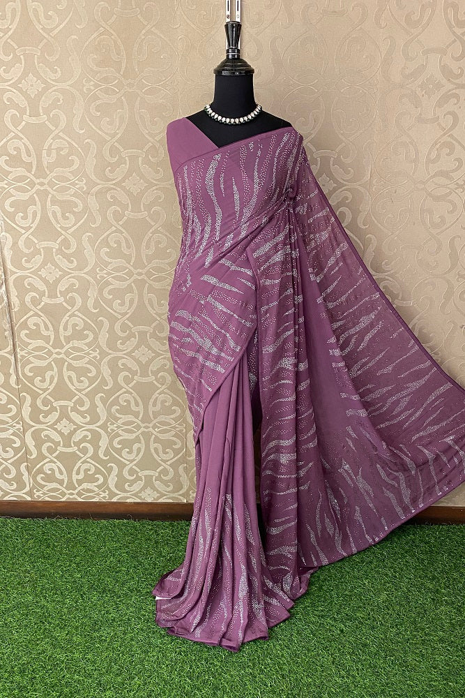 Elegant Purple Georgette Stone Work Saree, With Unstiched Blouse