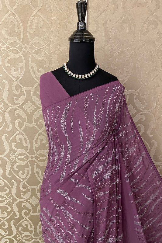 Elegant Purple Georgette Stone Work Saree, With Unstiched Blouse