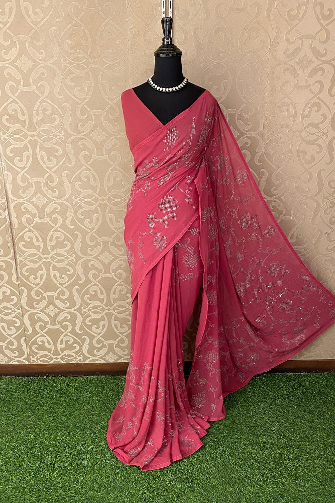 Elegant Cherry Pink Georgette Stone Work Saree, With Unstiched Blouse