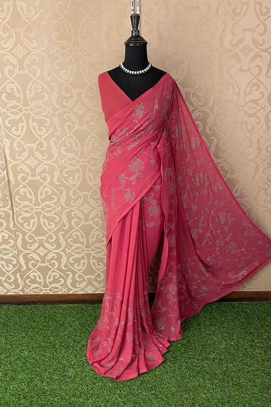 Elegant Cherry Pink Georgette Stone Work Saree, With Unstiched Blouse
