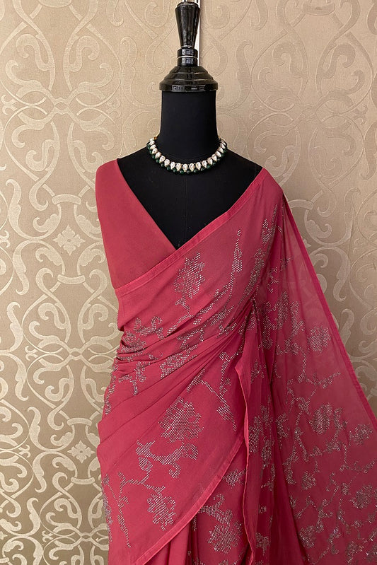 Elegant Cherry Pink Georgette Stone Work Saree, With Unstiched Blouse
