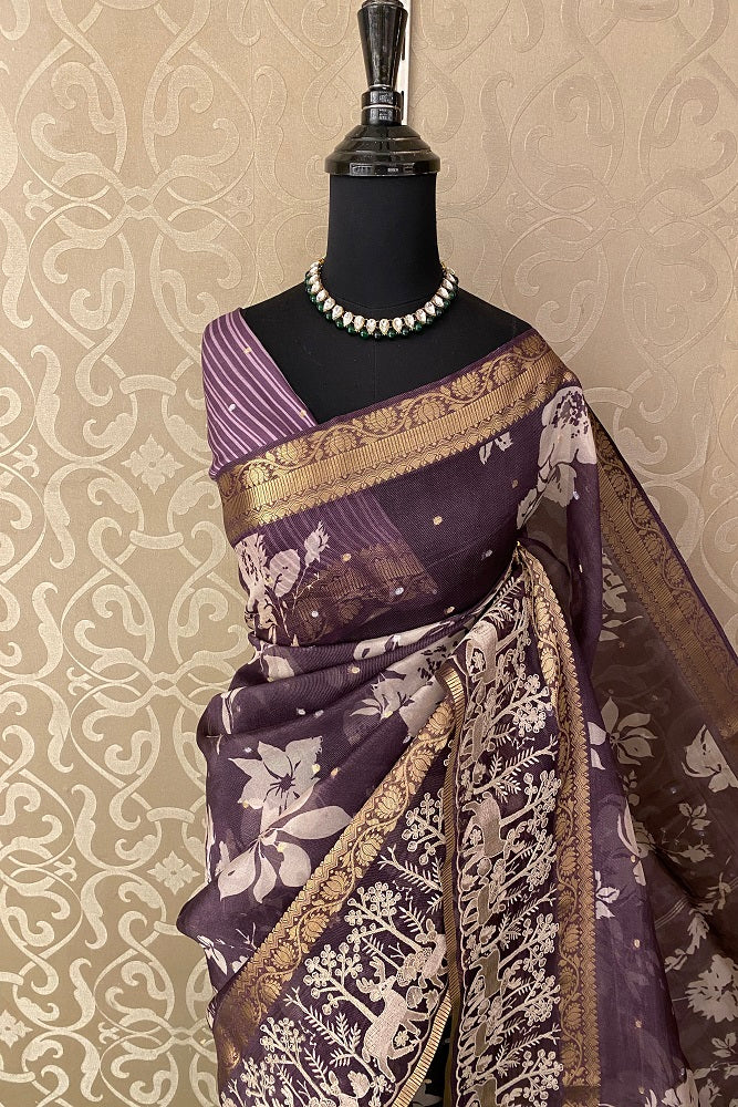 Dark Purple Organza Print & Embroidery Party Wear Saree, With Unstiched Blouse