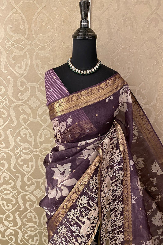 Dark Purple Organza Print & Embroidery Party Wear Saree, With Unstiched Blouse