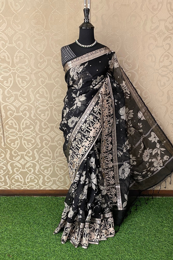 Black Organza Print & Embroidery Party Wear Saree, With Unstiched Blouse