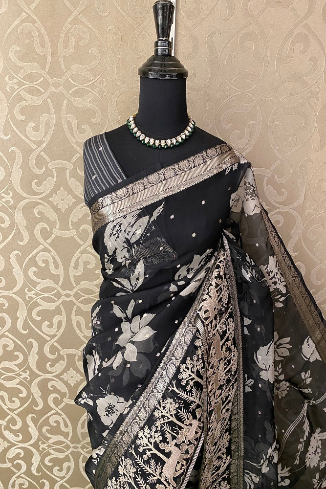 Black Organza Print & Embroidery Party Wear Saree, With Unstiched Blouse