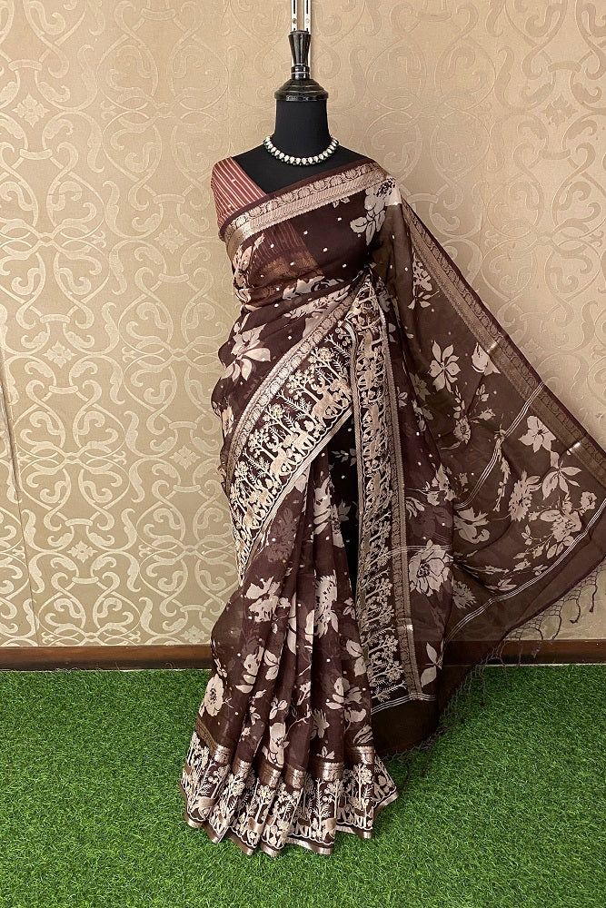 Brown Organza Print & Embroidery Party Wear Saree, With Unstiched Blouse