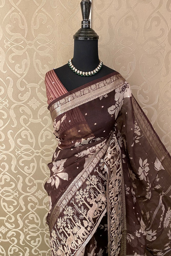 Brown Organza Print & Embroidery Party Wear Saree, With Unstiched Blouse