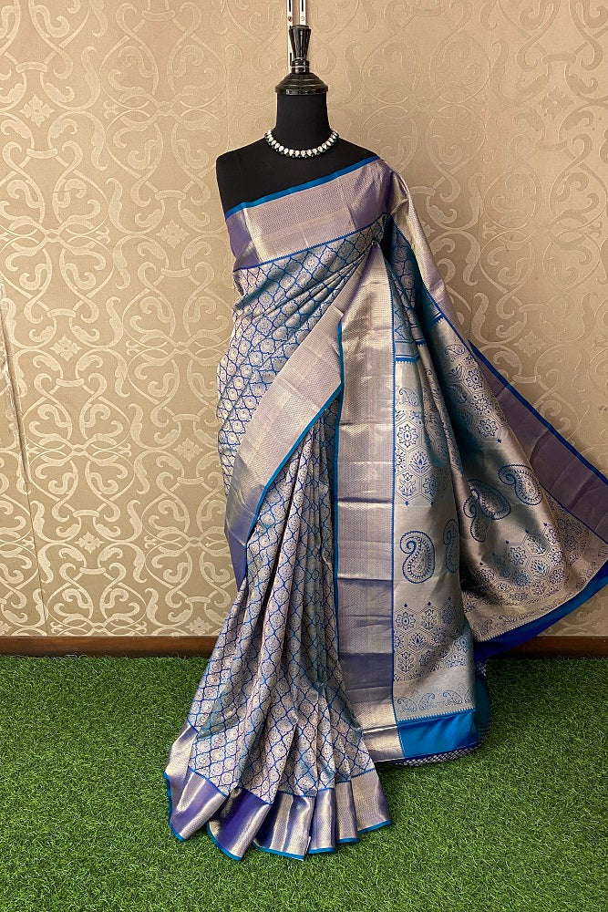 Blue Pure Kanjeevaram Silk Saree, With Unstiched Blouse