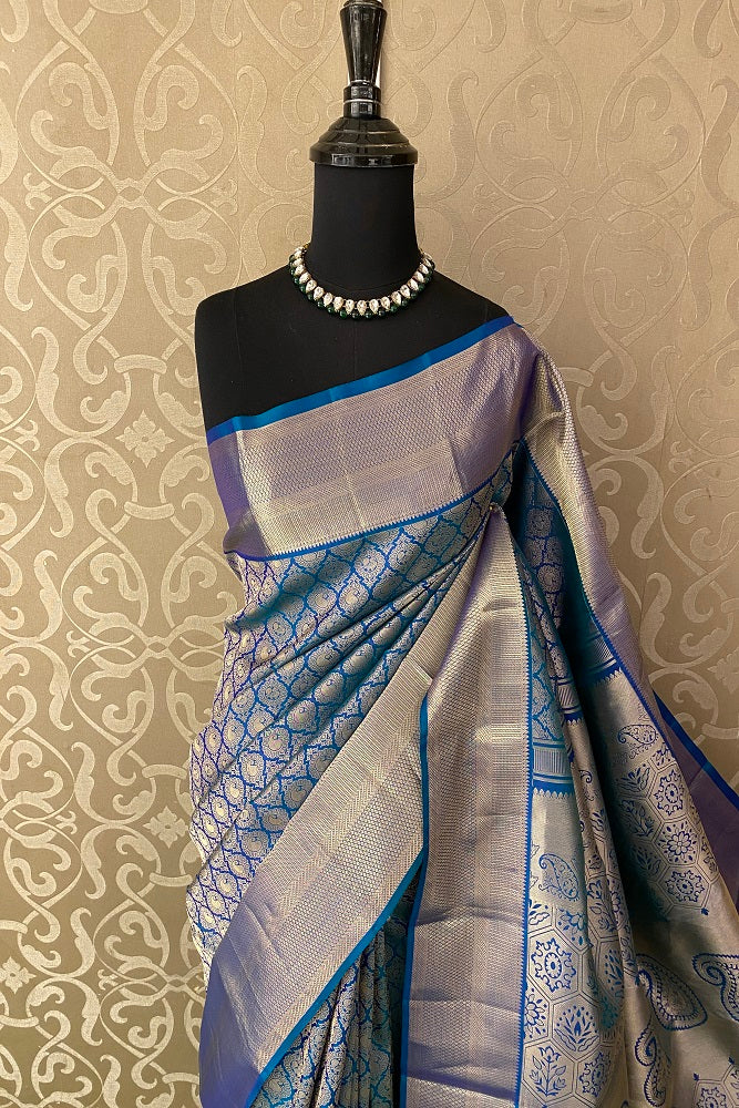 Blue Pure Kanjeevaram Silk Saree, With Unstiched Blouse