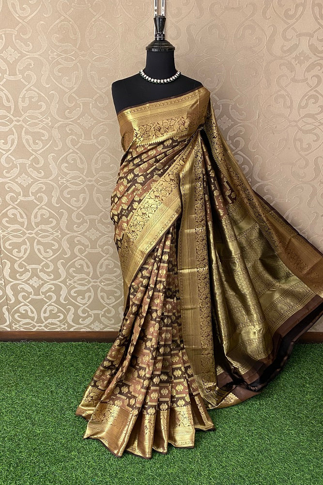 Chocolate Brown Pure Kanjeevaram Silk Saree, With Unstiched Blouse