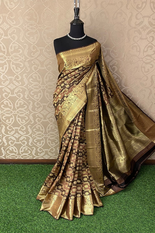 Chocolate Brown Pure Kanjeevaram Silk Saree, With Unstiched Blouse