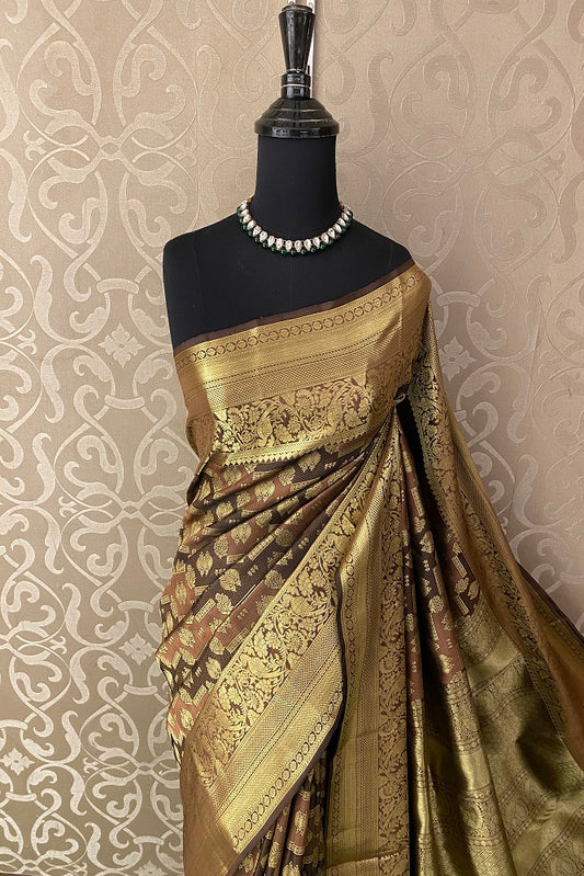 Chocolate Brown Pure Kanjeevaram Silk Saree, With Unstiched Blouse