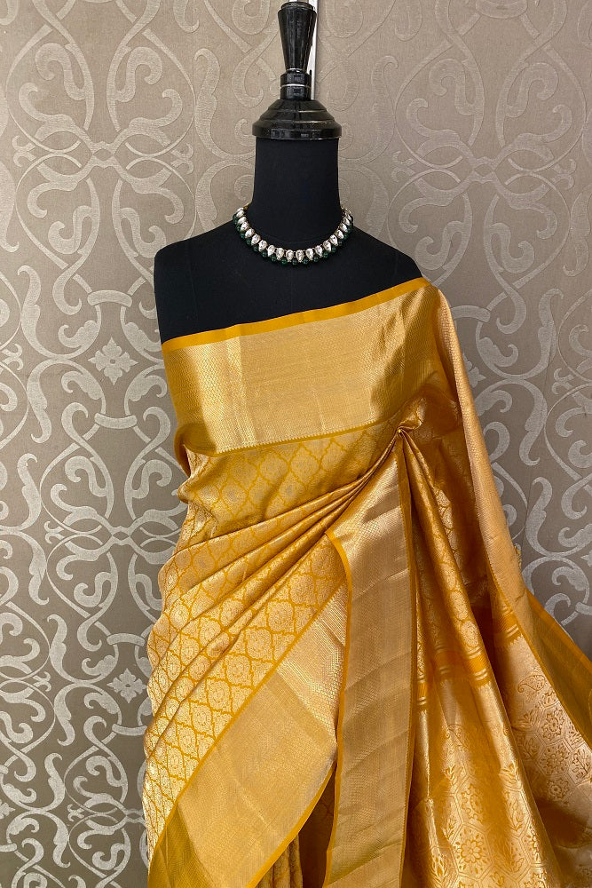 Mustard Yellow Pure Kanjeevaram Silk Saree, With Unstiched Blouse