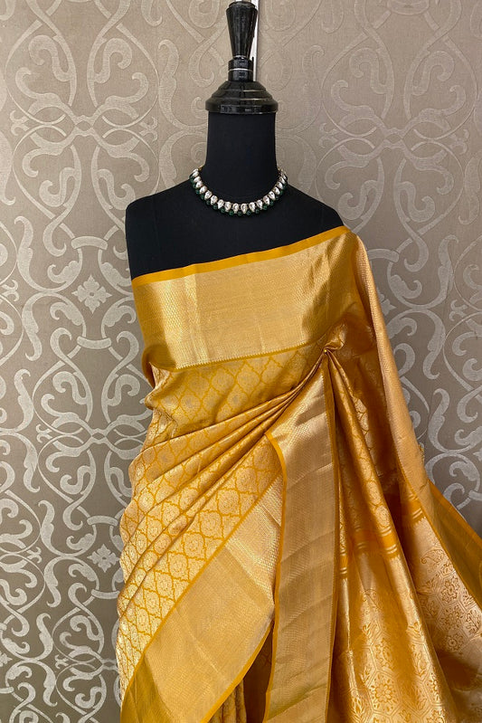 Mustard Yellow Pure Kanjeevaram Silk Saree, With Unstiched Blouse
