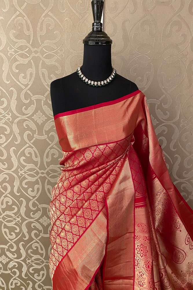 Red Pure Kanjeevaram Silk Saree, With Unstiched Blouse