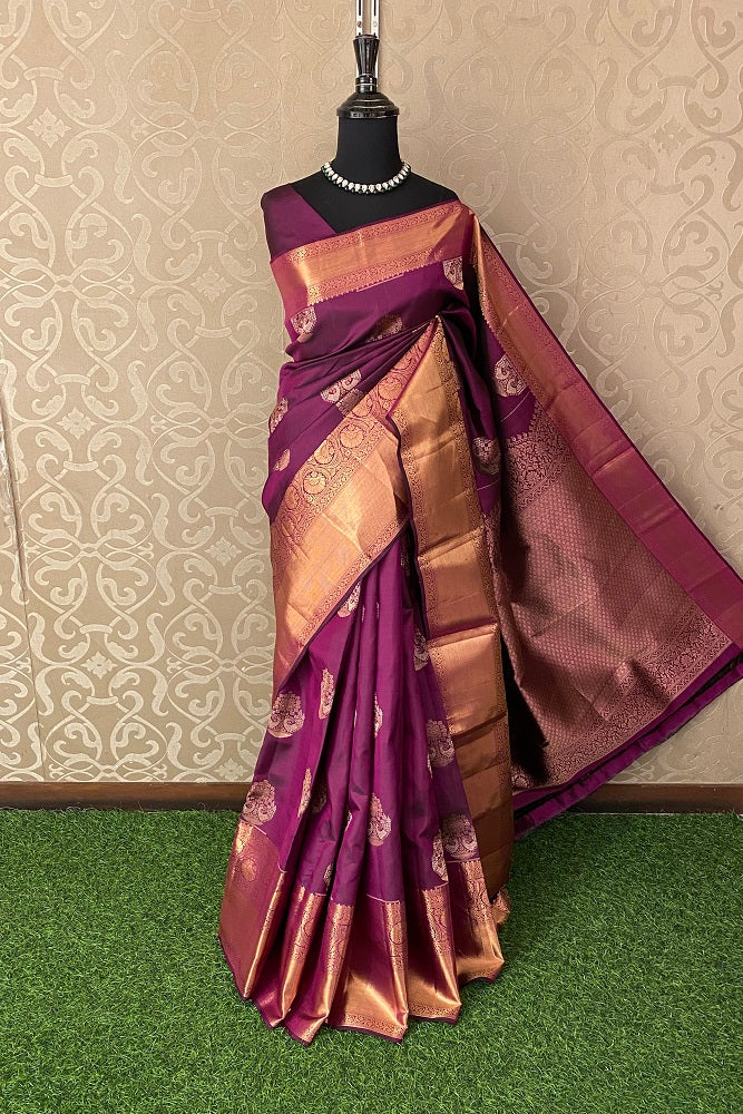 Deep Purple Pure Kanjeevaram Silk Saree, With Unstiched Blouse
