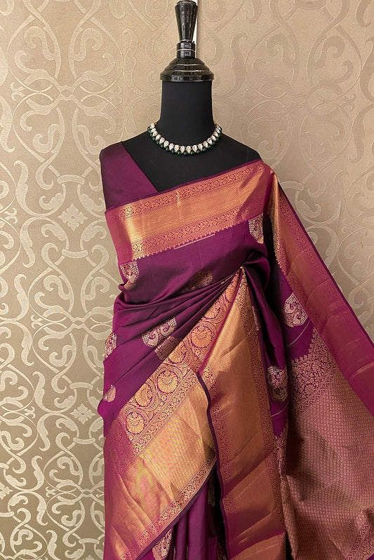 Deep Purple Pure Kanjeevaram Silk Saree, With Unstiched Blouse