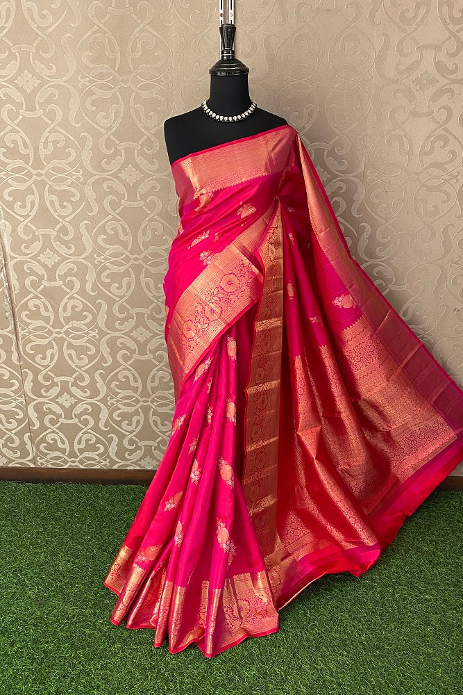 Rani Pink Pure Kanjeevaram Silk Saree, With Unstiched Blouse