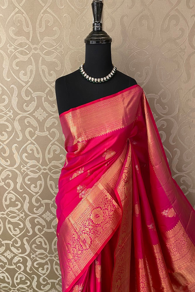 Rani Pink Pure Kanjeevaram Silk Saree, With Unstiched Blouse